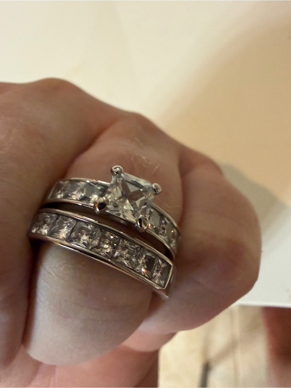 Silver-Tone Princess Cut CZ Bridal Ring Set - Clear